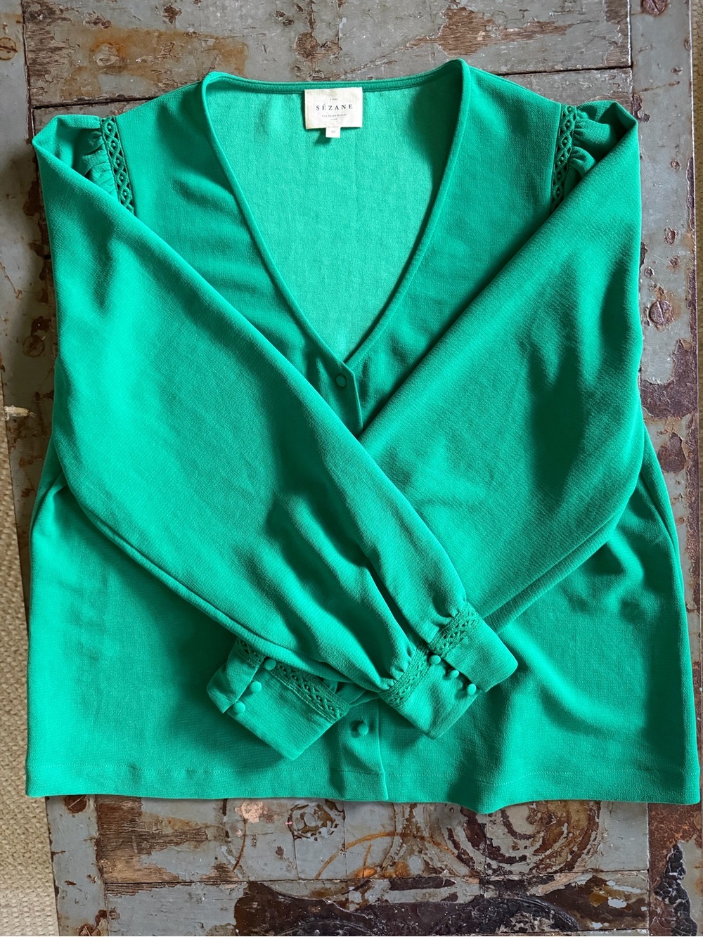 Sezane Ella V-Neck Button Down Blouse in Green Flash